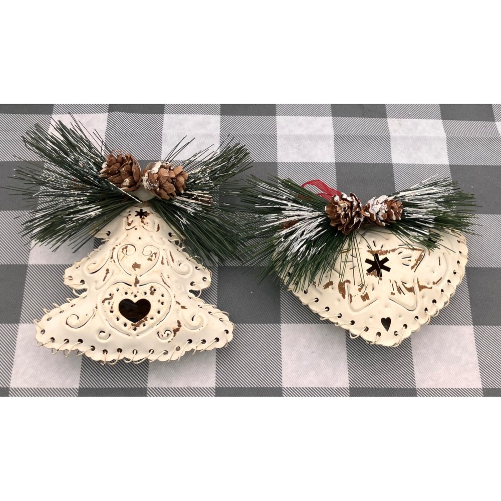 Hanna's Handiworks Christmas Ornaments Cream Rustic Metal Distressed Set of 2